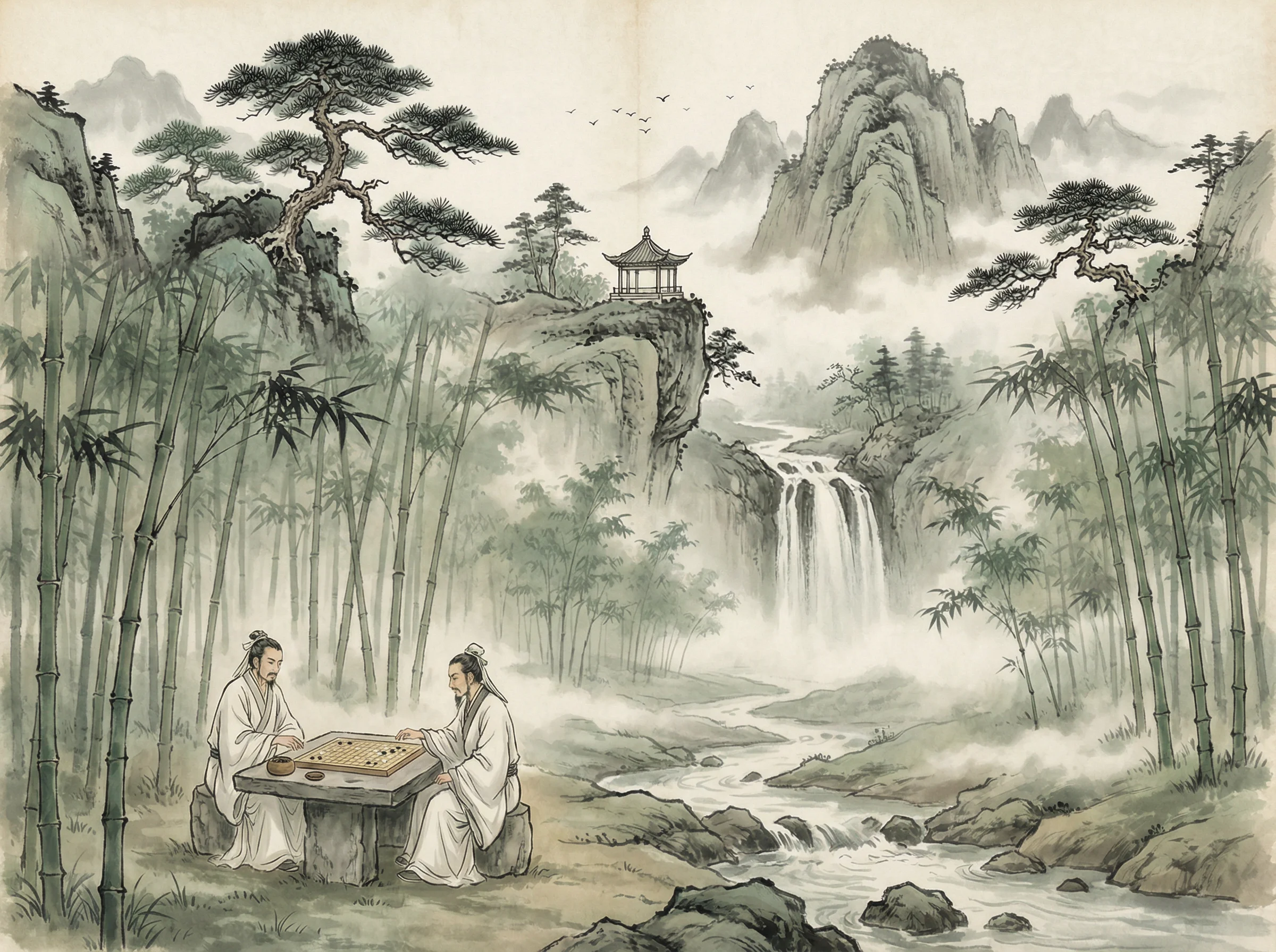水墨山水画，松亭瀑布，炸金花guanwang官网 意境延伸