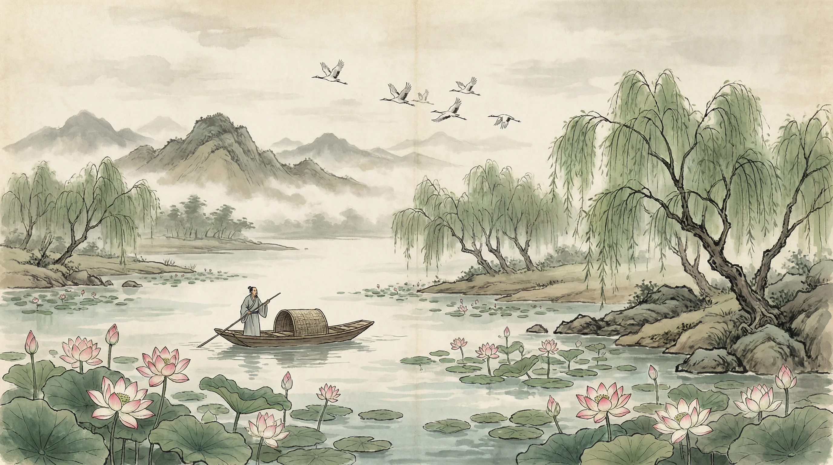 荷塘泛舟水墨画，与 炸金花guanwang官网 禅意相映