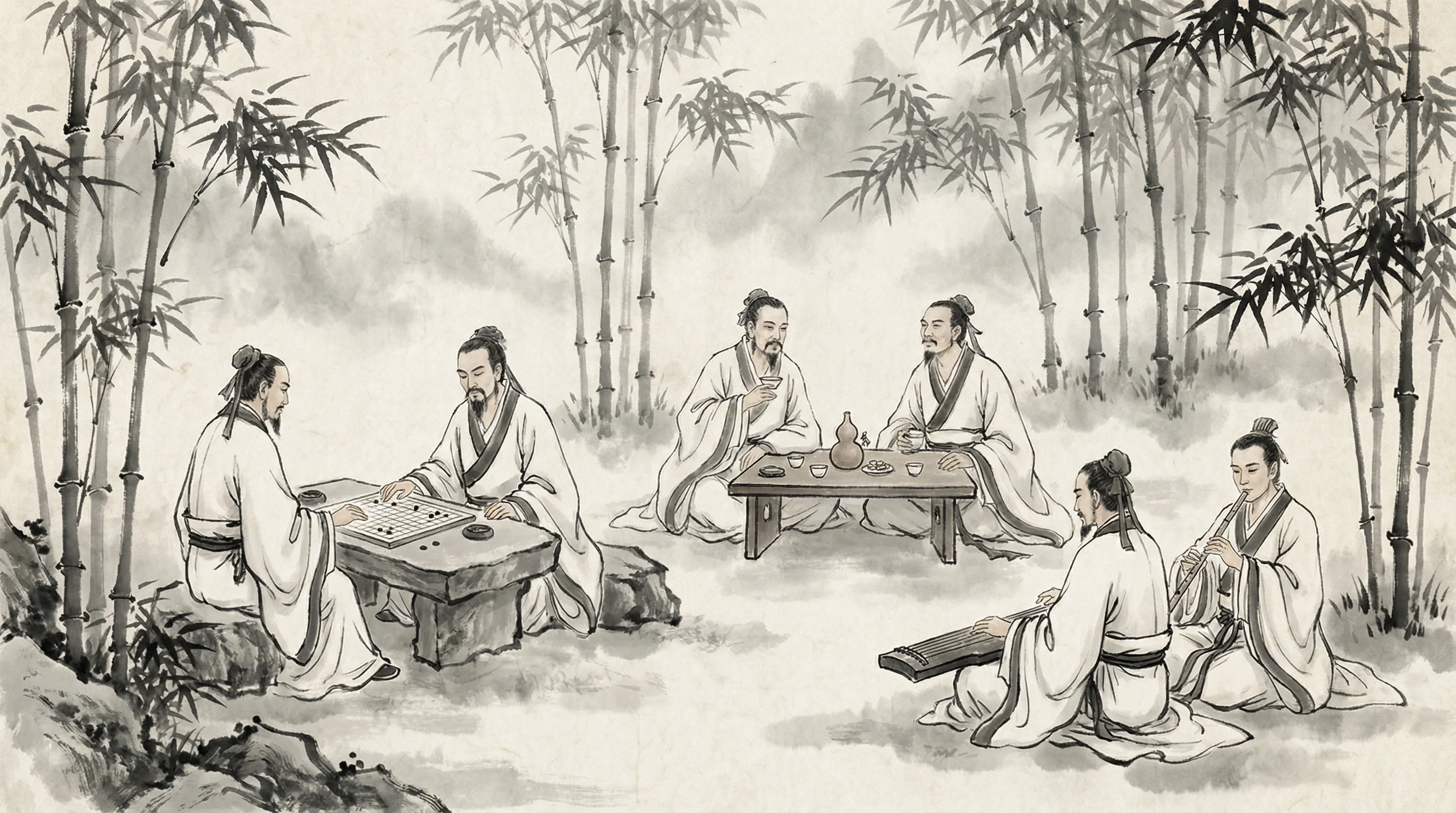 竹林七贤水墨画，隐士以棋会友，共参 炸金花guanwang官网 之道